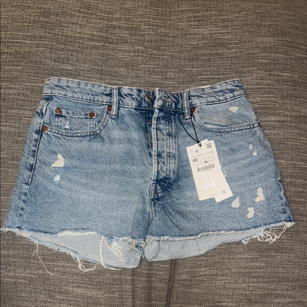 Zara Blue Jean Shorts Distressed Frayed Hem